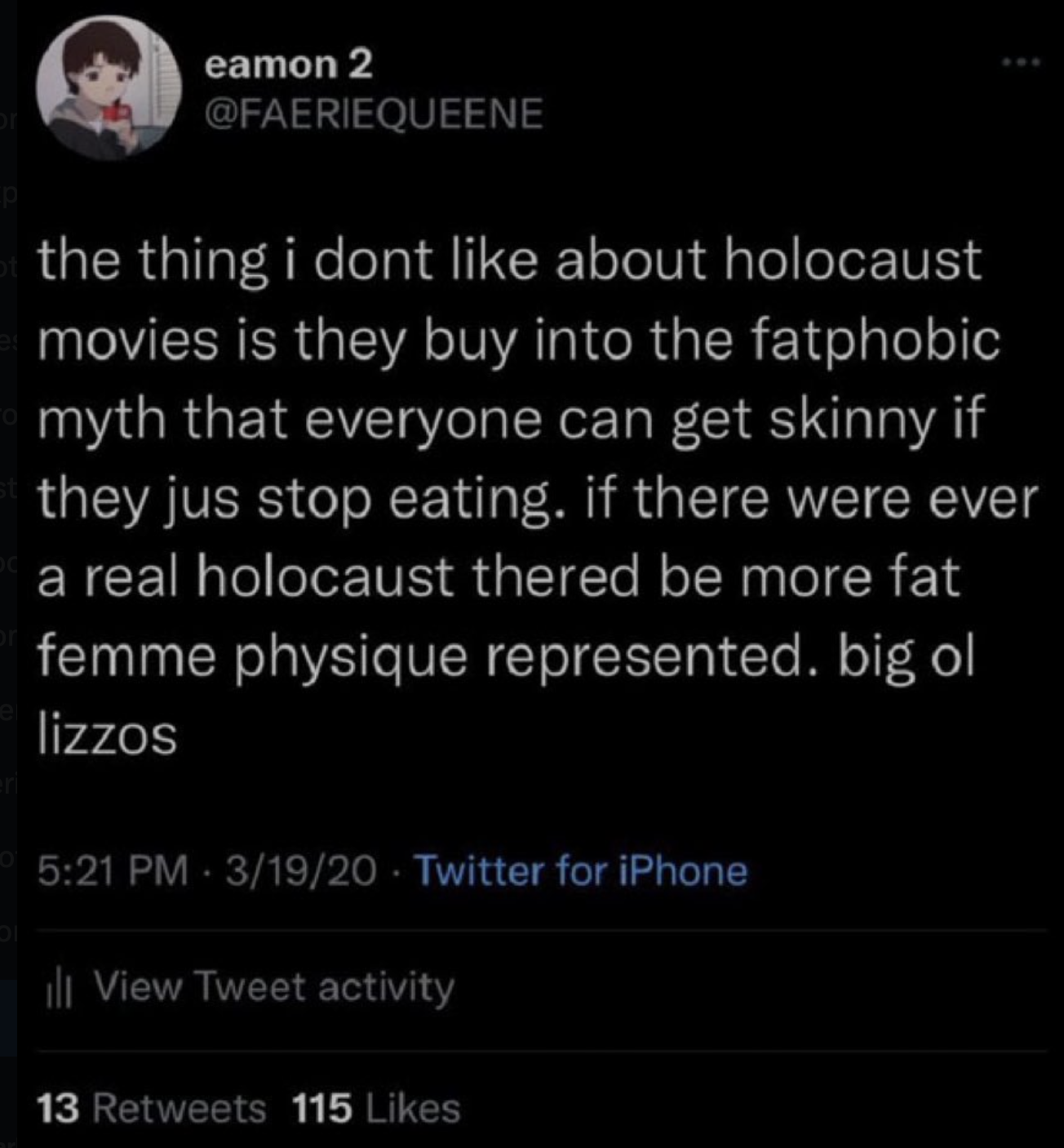 screenshot - eamon 2 the thing i dont about holocaust movies is they buy into the fatphobic myth that everyone can get skinny if they jus stop eating. if there were ever a real holocaust thered be more fat femme physique represented. big ol lizzos 31920 T